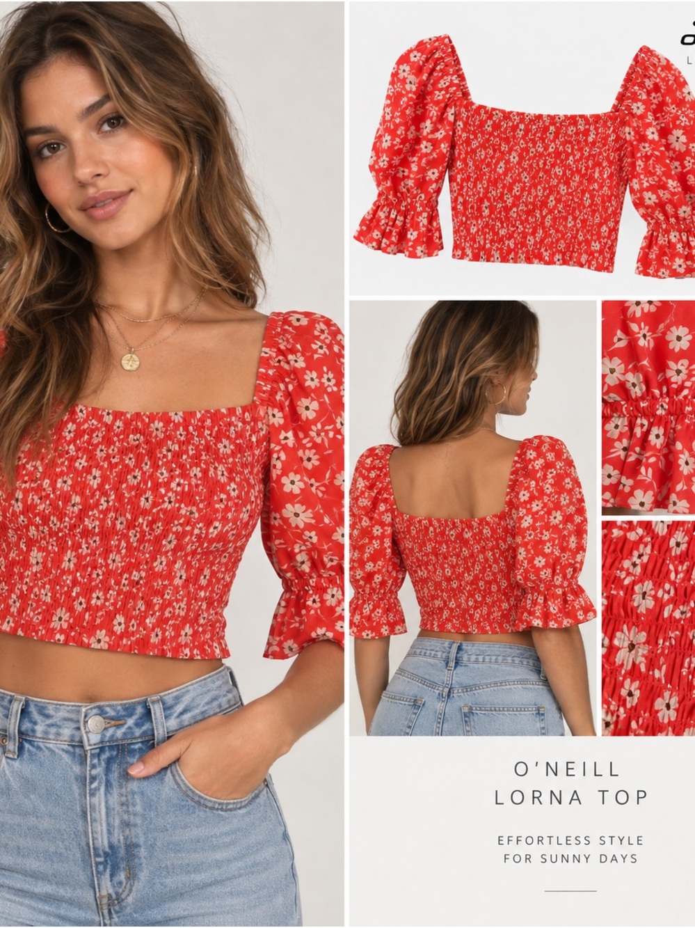 O'Neill Lorna Red Floral Smocked Square-Neck Top